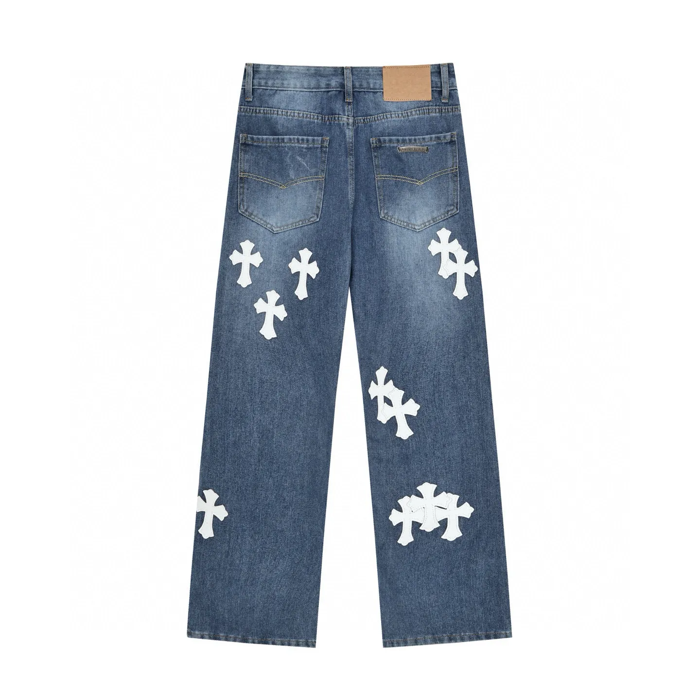 P270 Chrome Hearts/Chrome Hearts Classic Color Leather Cross Washed Color Fabric Unisex Denim Trousers Color: Picture Color Code Number: 28-36